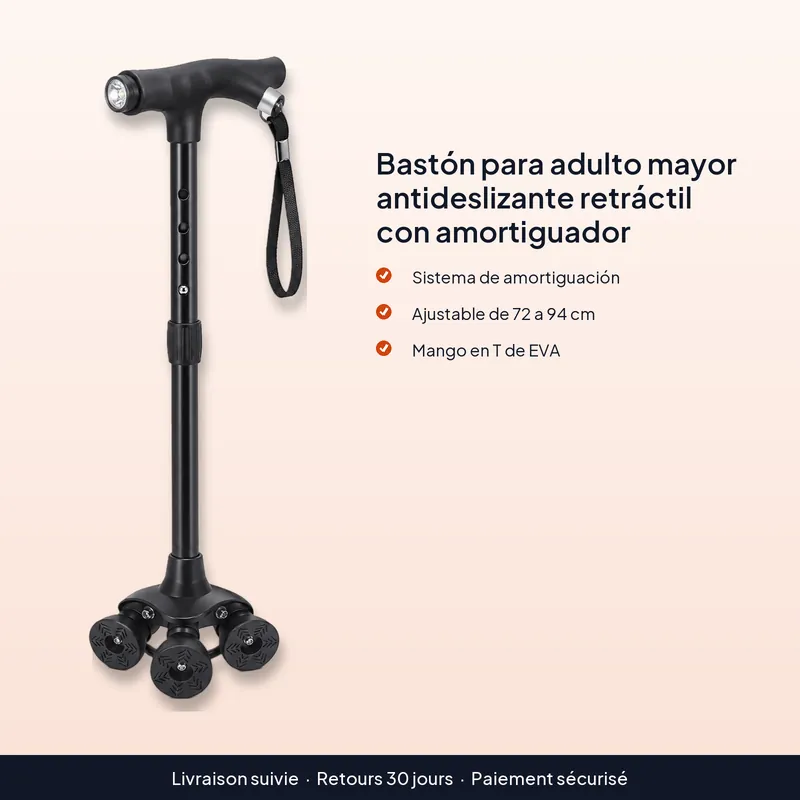 Bastón ajustable para adulto mayor con apoyo amortiguado – Elige café o negro