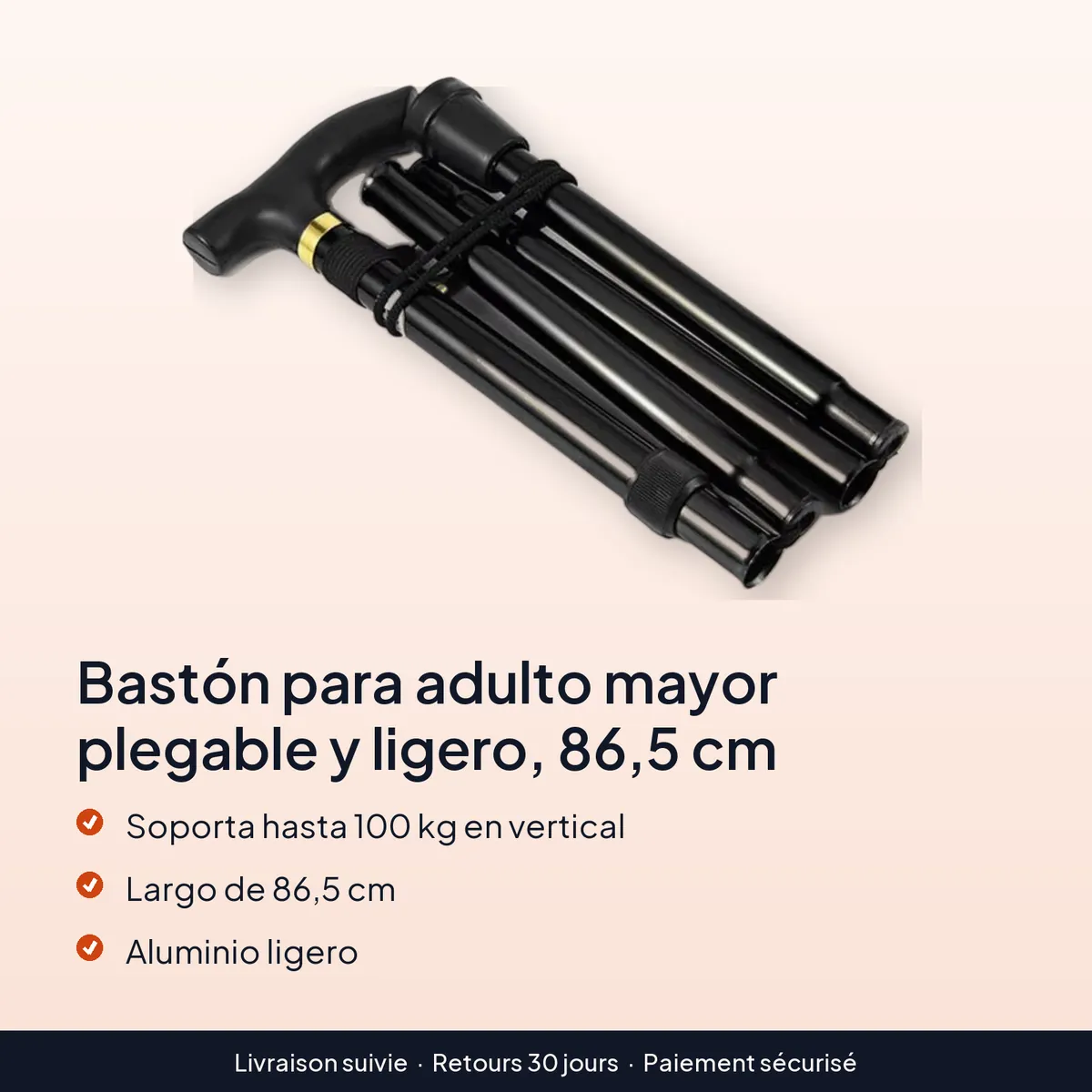 Bastón para adulto mayor plegable y ligero, 86,5 cm : soporta hasta 100 kg en vertical, largo de 86,5 cm, aluminio ligero