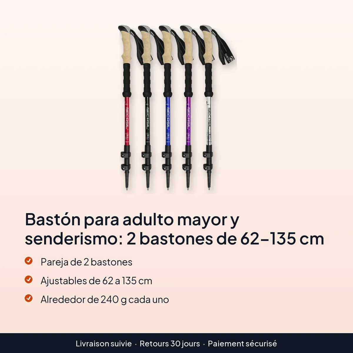 Bastón para adulto mayor y senderismo: 2 bastones de 62–135 cm : pareja de 2 bastones, ajustables de 62 a 135 cm, alrededor de 240 g cada uno