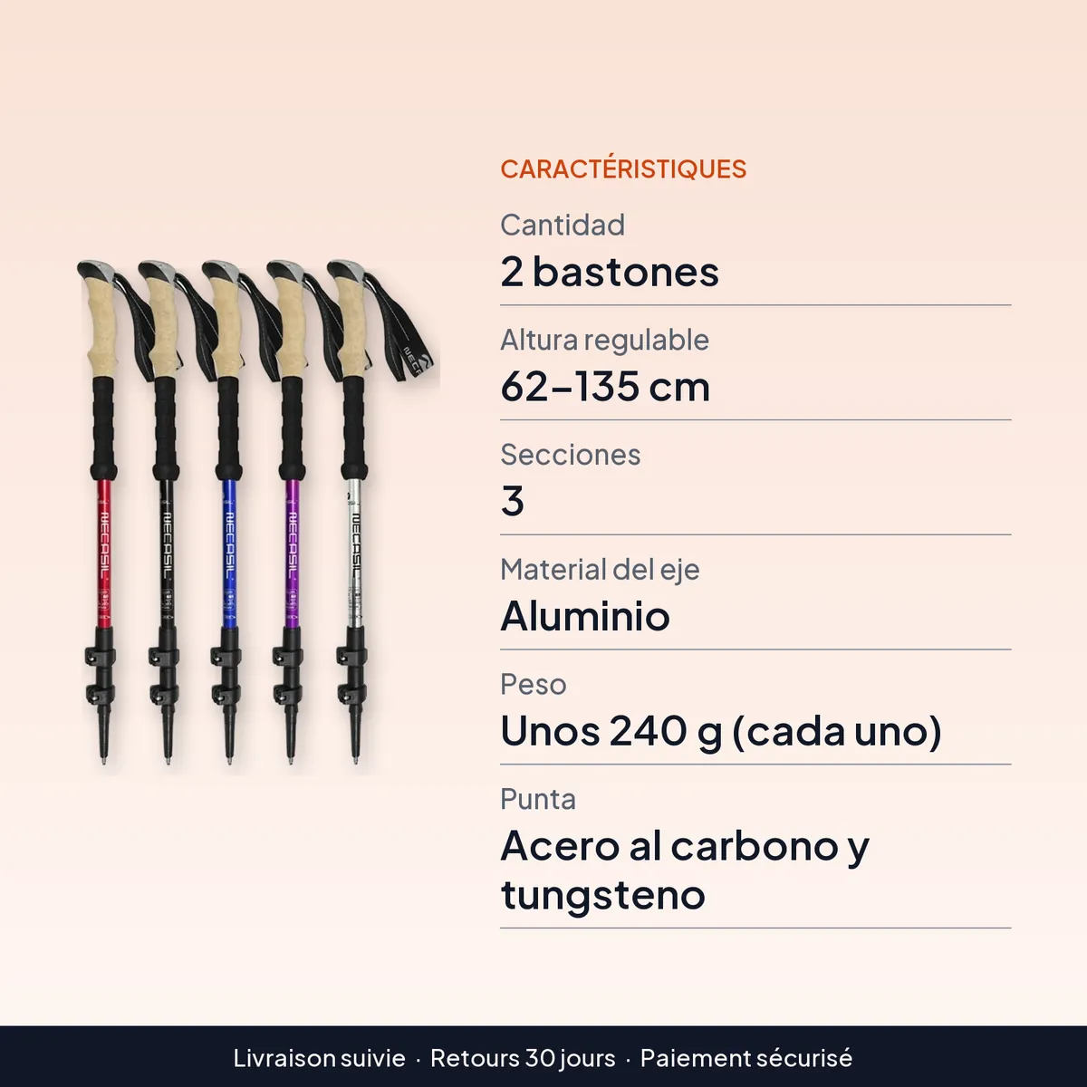 Bastón para adulto mayor y senderismo: 2 bastones de 62–135 cm : caractéristiques