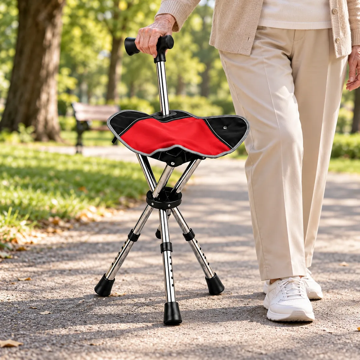 Bastón con asiento plegable 2 en 1, ajustable de 57 a 87 cm en situation