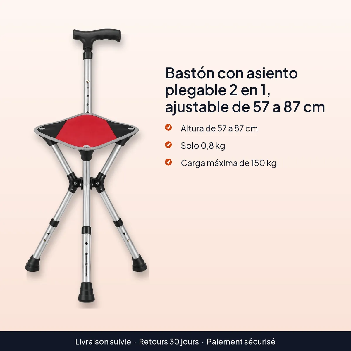 Bastón con asiento plegable 2 en 1, ajustable de 57 a 87 cm : altura de 57 a 87 cm, solo 0,8 kg, carga máxima de 150 kg