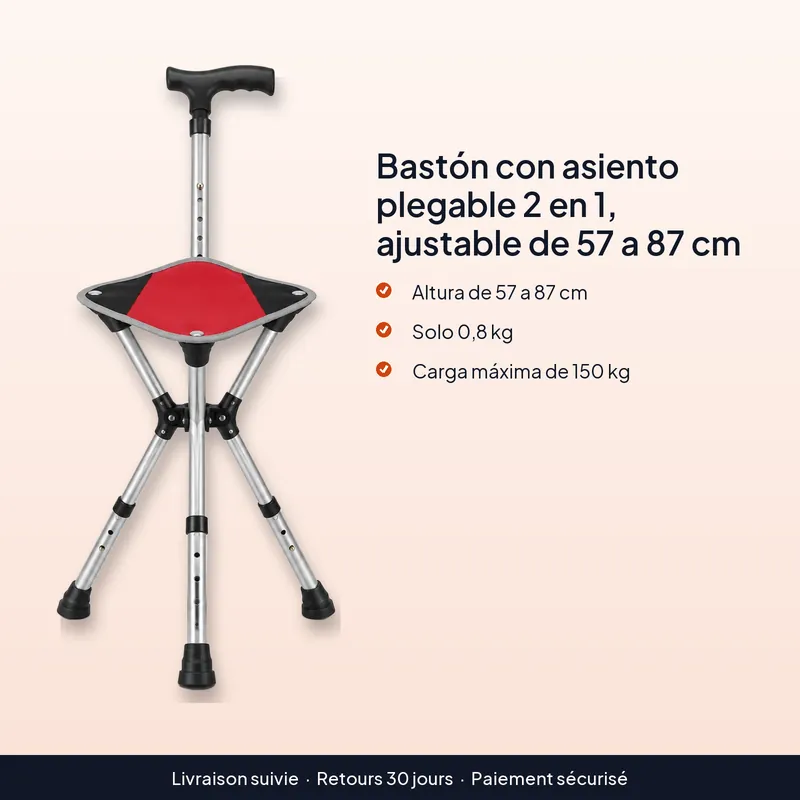 Bastón con asiento plegable 2 en 1, ajustable de 57 a 87 cm – Altura que puedes ajustar