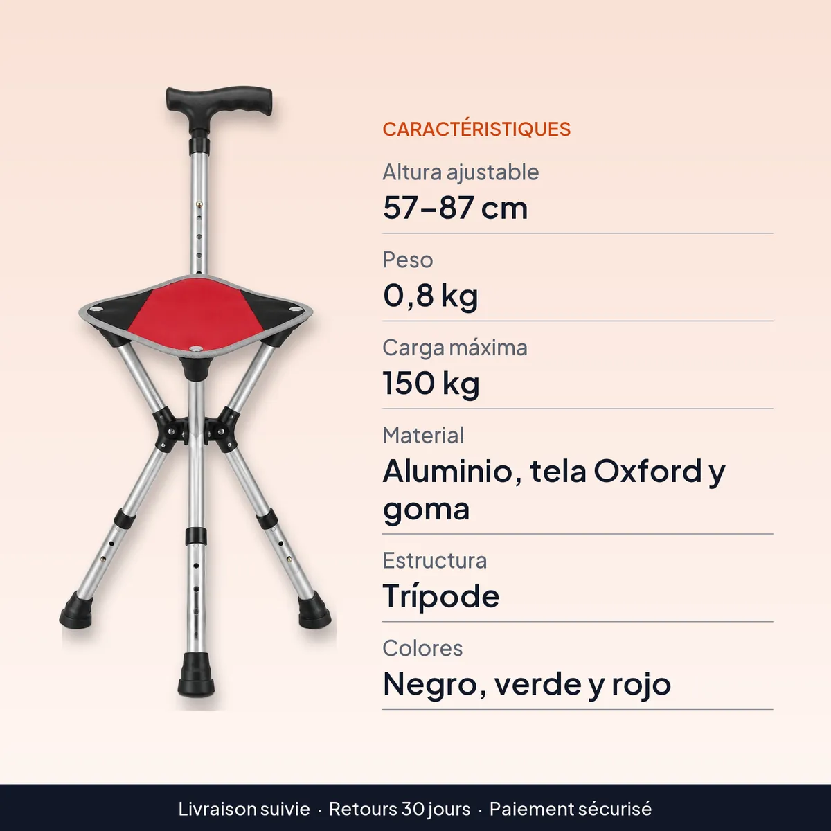 Bastón con asiento plegable 2 en 1, ajustable de 57 a 87 cm : caractéristiques