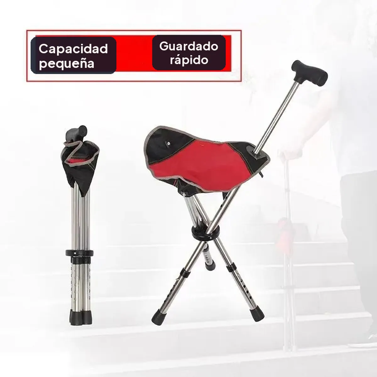 Bastón con asiento plegable 2 en 1, ajustable de 57 a 87 cm – rojo