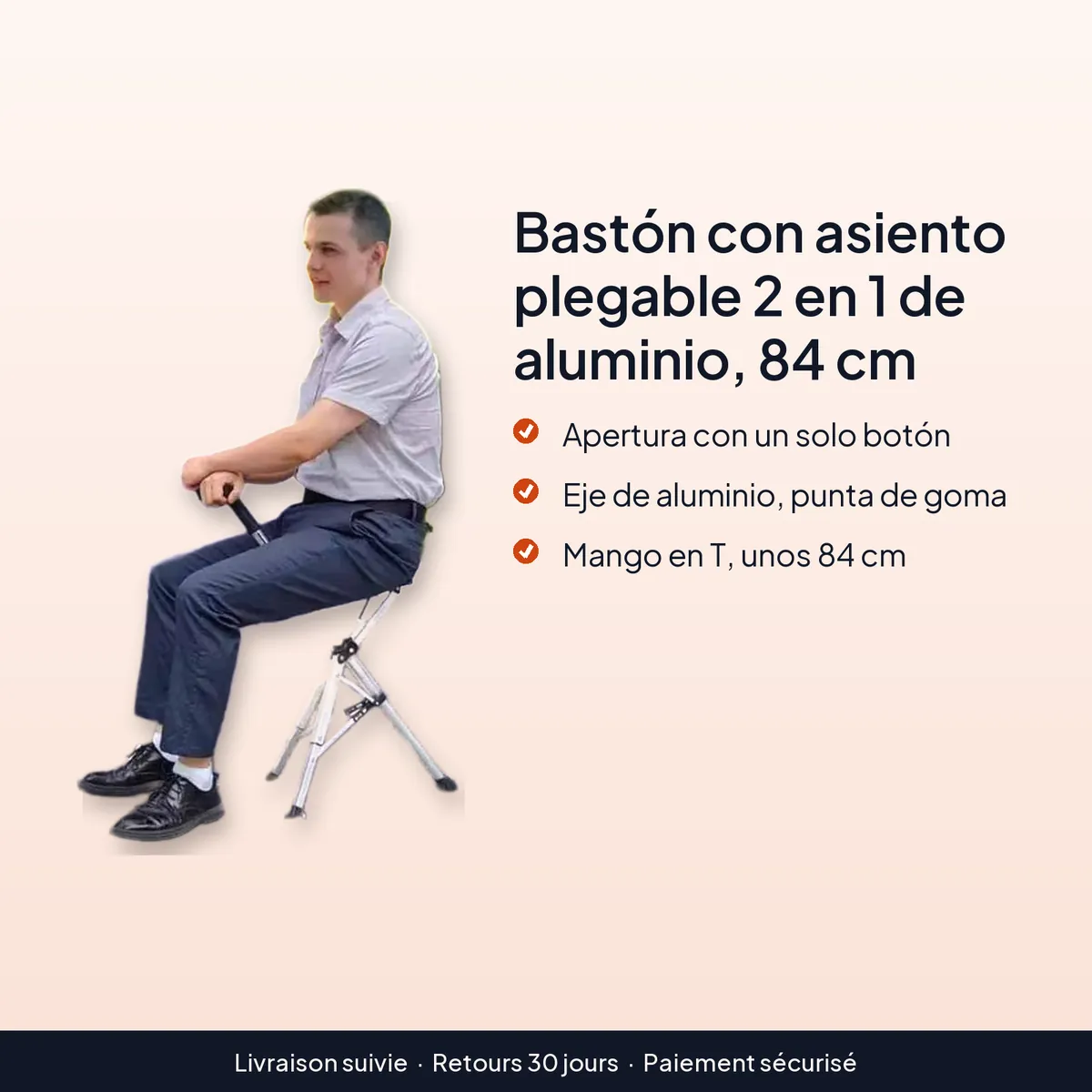 Bastón con asiento plegable 2 en 1 de aluminio, 84 cm : apertura con un solo botón, eje de aluminio, punta de goma, mango en t, unos 84 cm