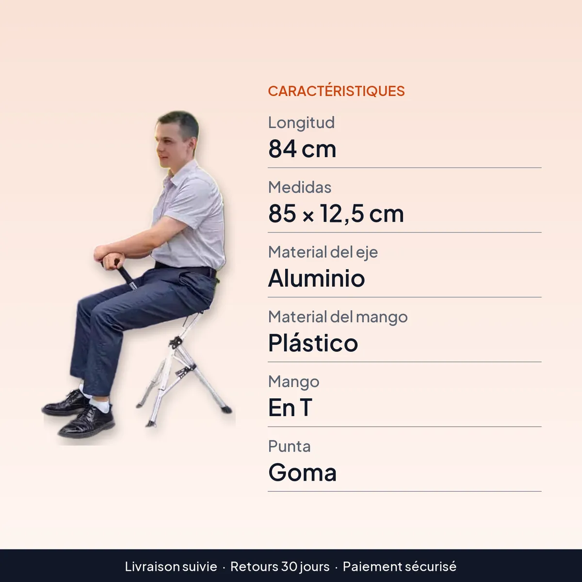 Bastón con asiento plegable 2 en 1 de aluminio, 84 cm : caractéristiques