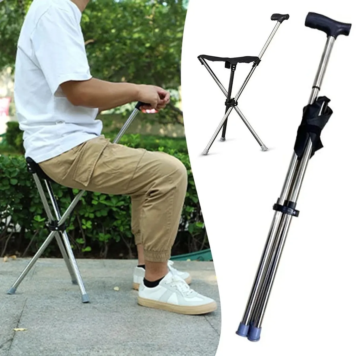 Bastón con asiento plegable de acero, mango en T, 86 cm – vue 3