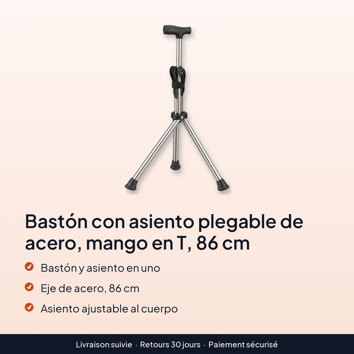 Bastón con asiento plegable de acero, mango en T, 86 cm : bastón y asiento en uno, eje de acero, 86 cm, asiento ajustable al cuerpo