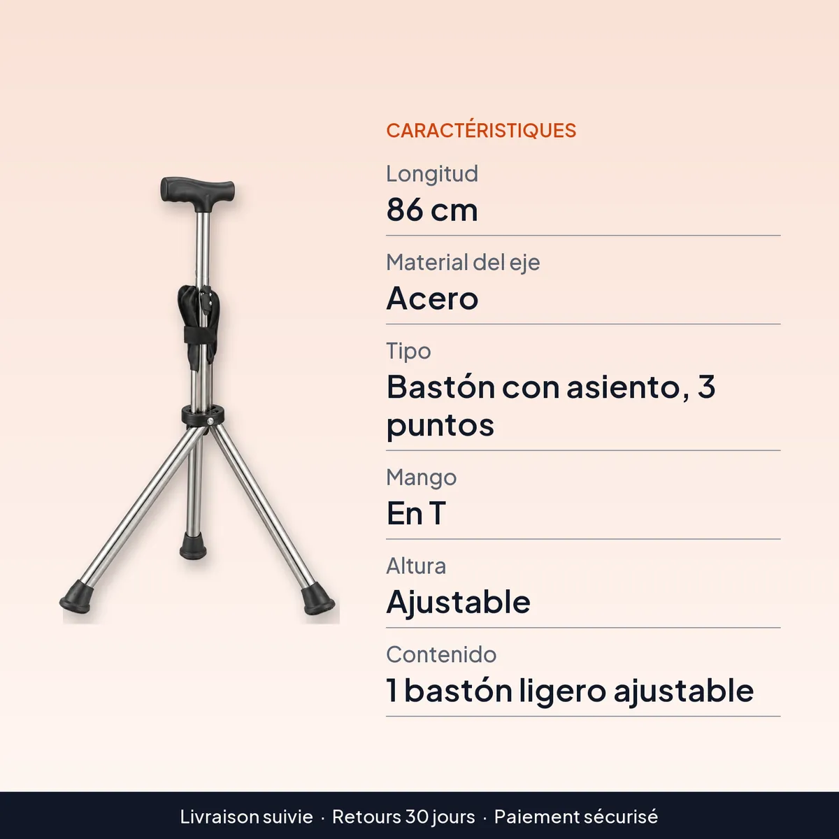 Bastón con asiento plegable de acero, mango en T, 86 cm : caractéristiques