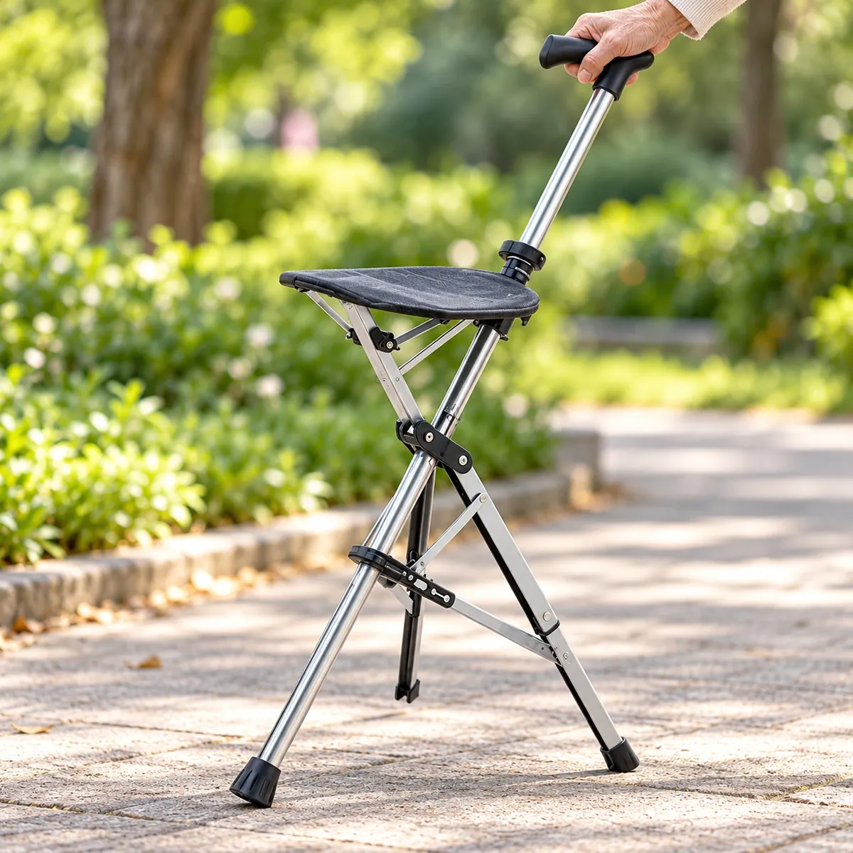 Bastón con asiento plegable de aluminio ajustable, 110 kg en situation