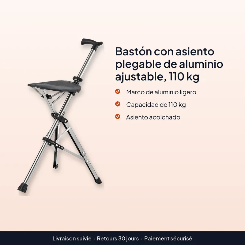Bastón con asiento plegable de aluminio, ajustable y acolchado – Límite de carga indicado