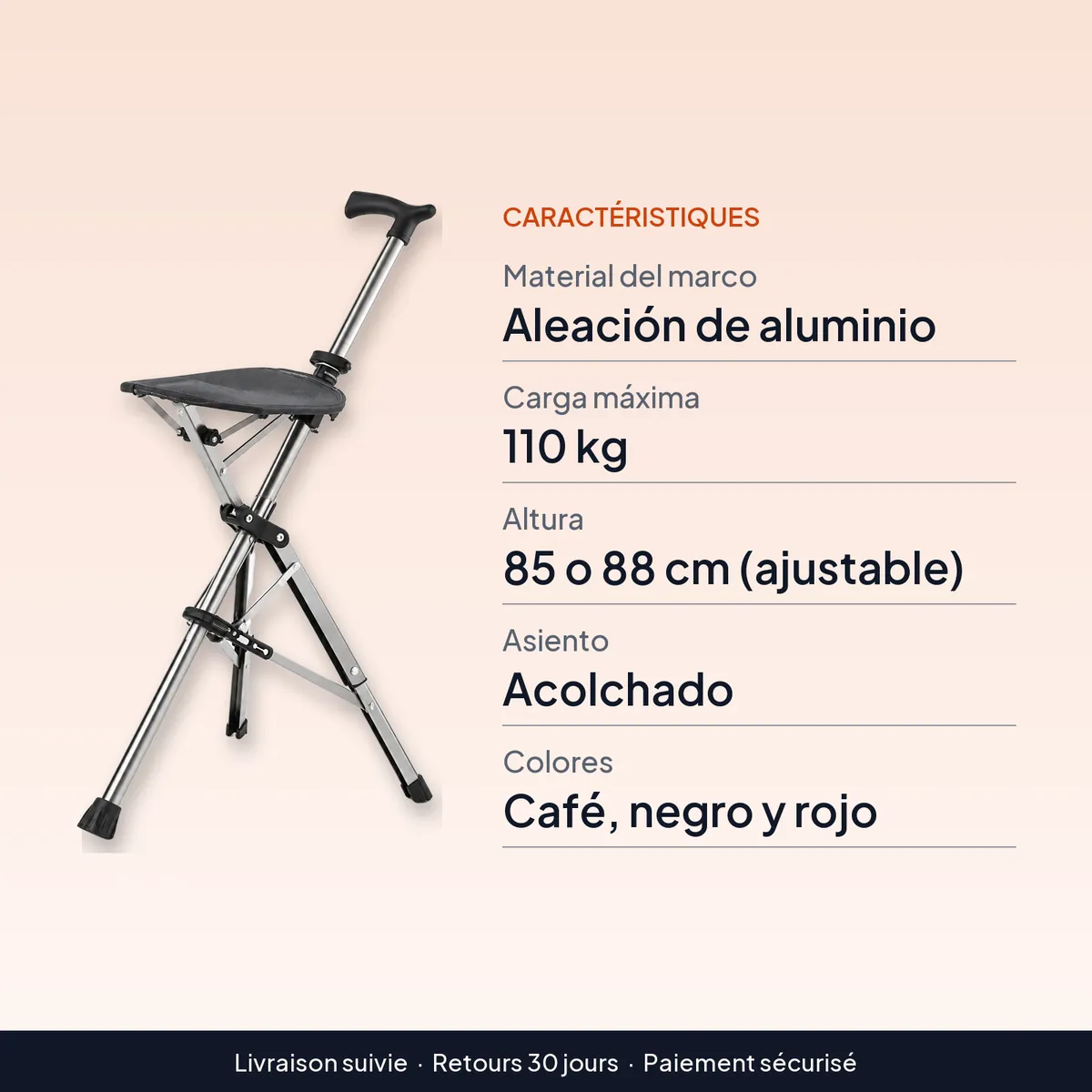 Bastón con asiento plegable de aluminio ajustable, 110 kg : caractéristiques