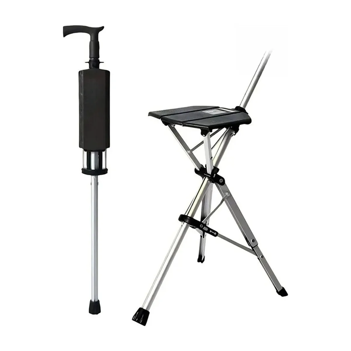 Bastón con asiento plegable de aluminio ajustable, 110 kg – negro, 85 cm