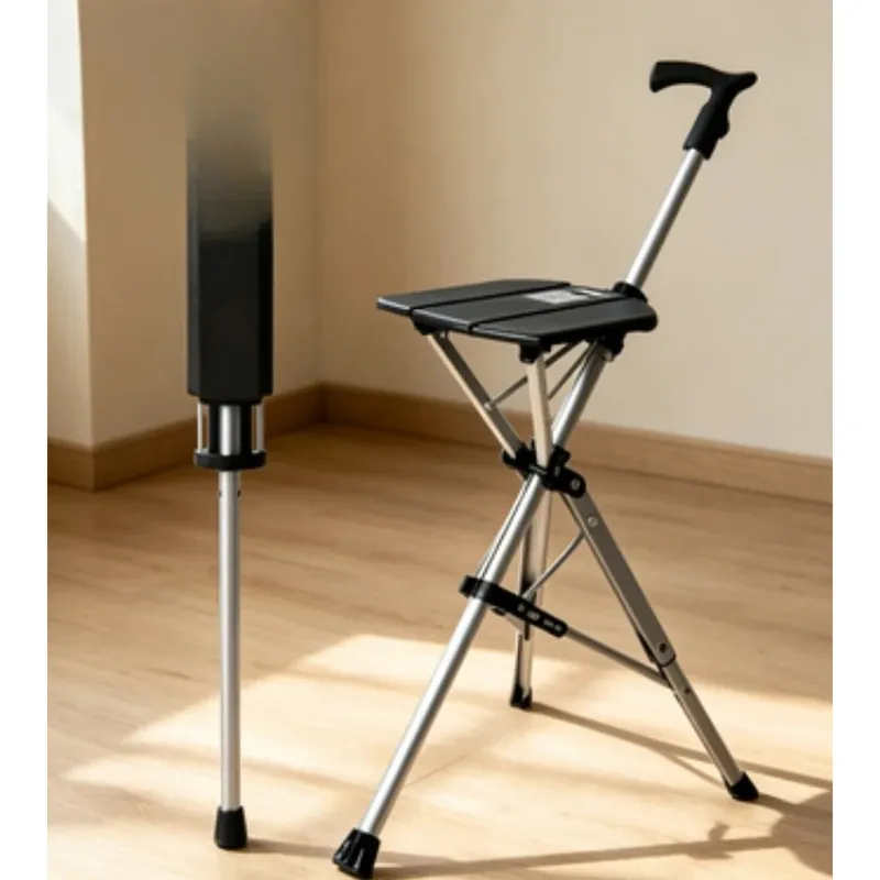 Bastón con asiento plegable de aluminio, ajustable y acolchado – Despliega por completo