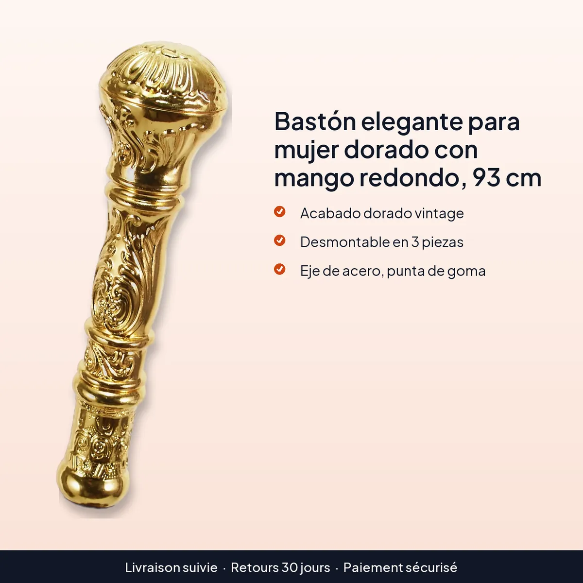 Bastón elegante para mujer dorado con mango redondo, 93 cm : acabado dorado vintage, desmontable en 3 piezas, eje de acero, punta de goma