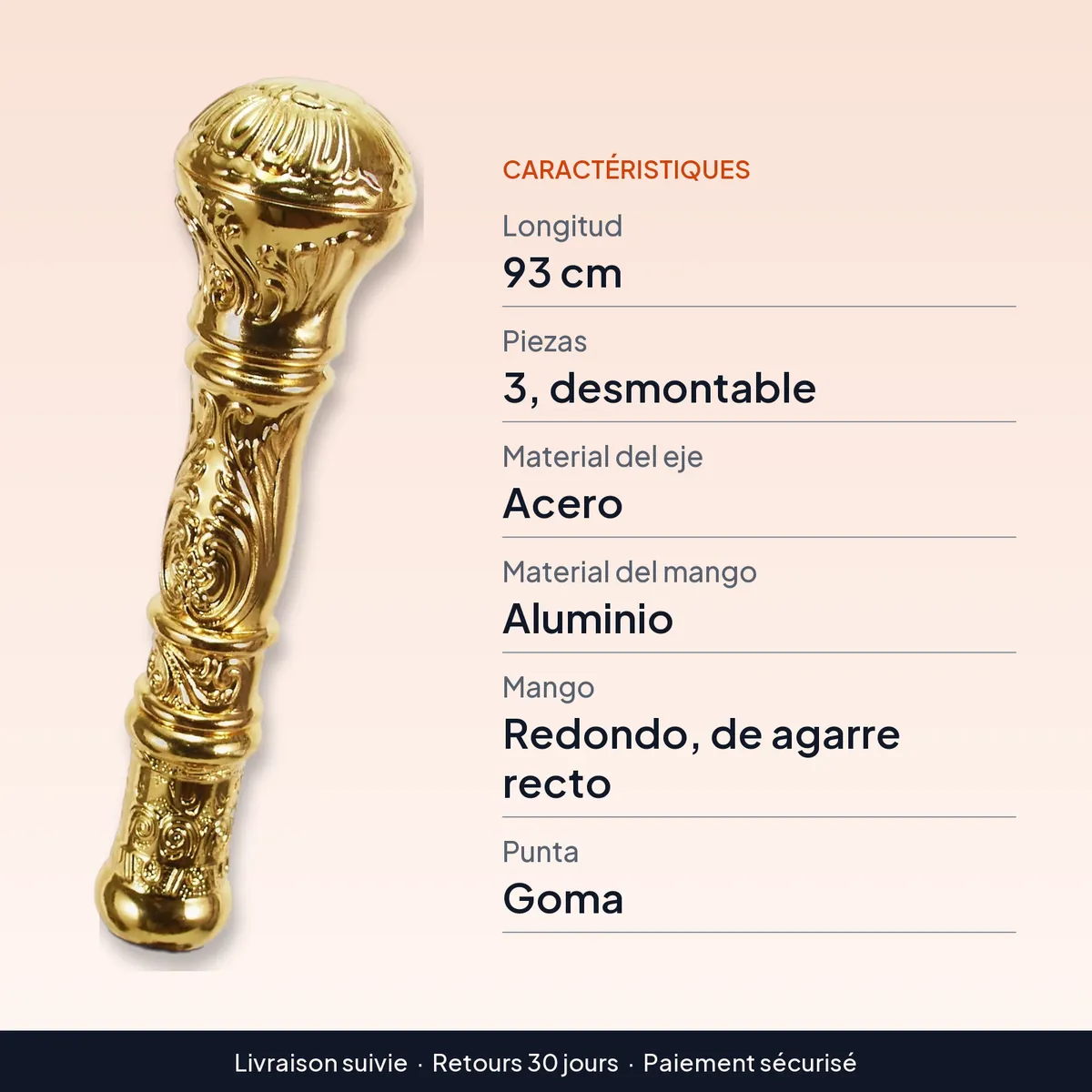 Bastón elegante para mujer dorado con mango redondo, 93 cm : caractéristiques