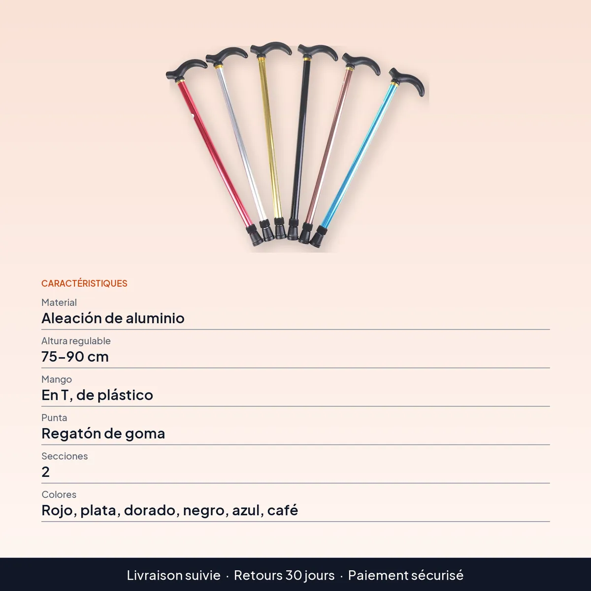 Bastón ortopédico ajustable de aluminio, 75–90 cm : caractéristiques