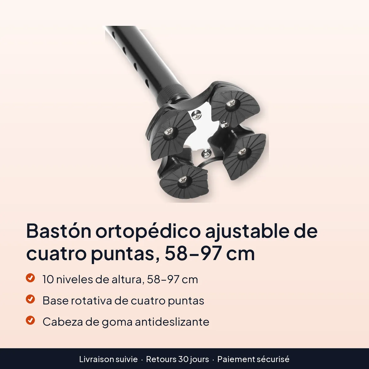 Bastón ortopédico ajustable de cuatro puntas, 58–97 cm : 10 niveles de altura, 58–97 cm, base rotativa de cuatro puntas, cabeza de goma antideslizante