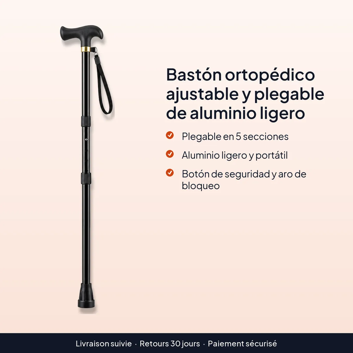 Bastón ortopédico ajustable y plegable de aluminio ligero : plegable en 5 secciones, aluminio ligero y portátil, botón de seguridad y aro de bloqueo