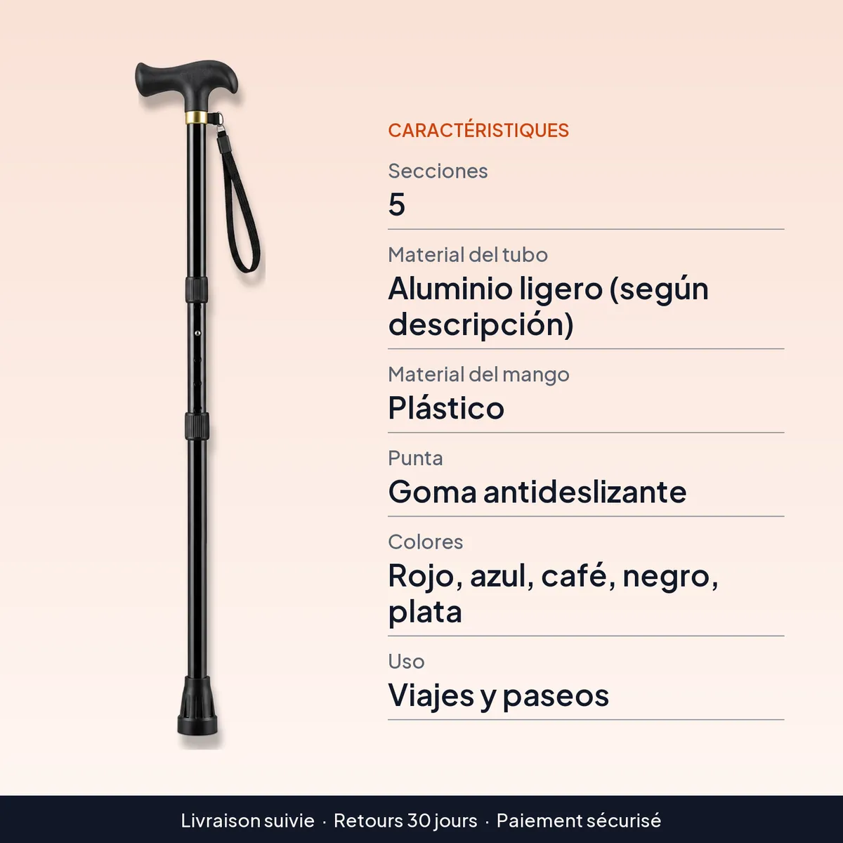 Bastón ortopédico ajustable y plegable de aluminio ligero : caractéristiques