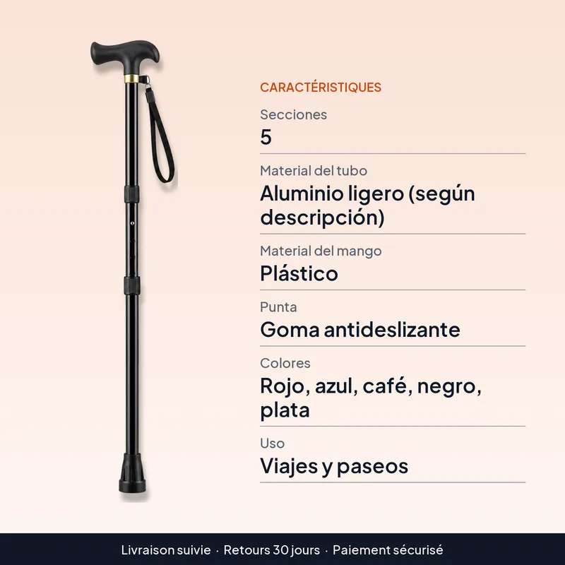 Bastón ortopédico ajustable y plegable de aluminio ligero – Para paseos y viajes