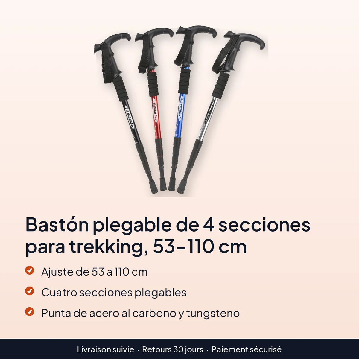 Bastón plegable de 4 secciones para trekking, 53–110 cm : ajuste de 53 a 110 cm, cuatro secciones plegables, punta de acero al carbono y tungsteno