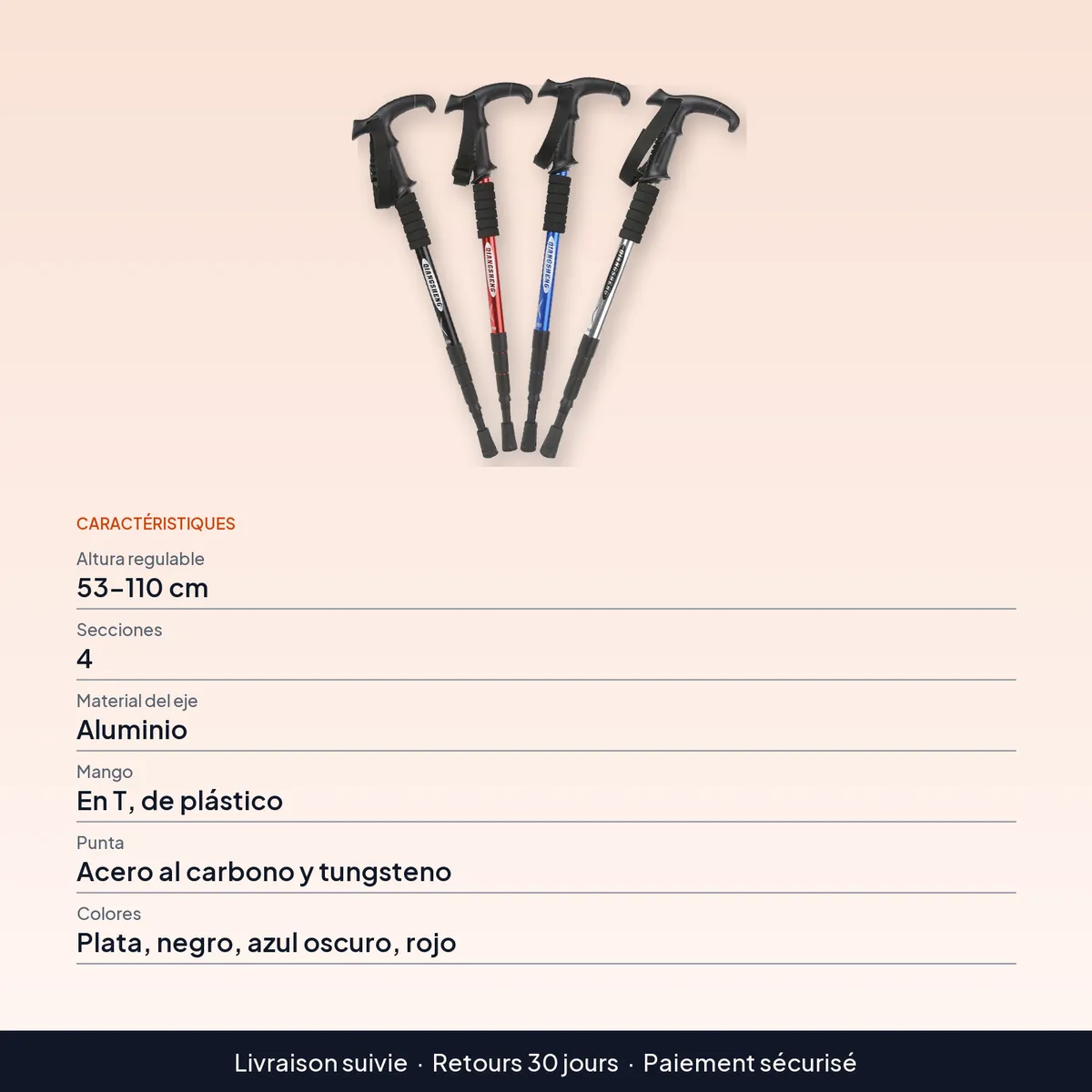 Bastón plegable de 4 secciones para trekking, 53–110 cm : caractéristiques