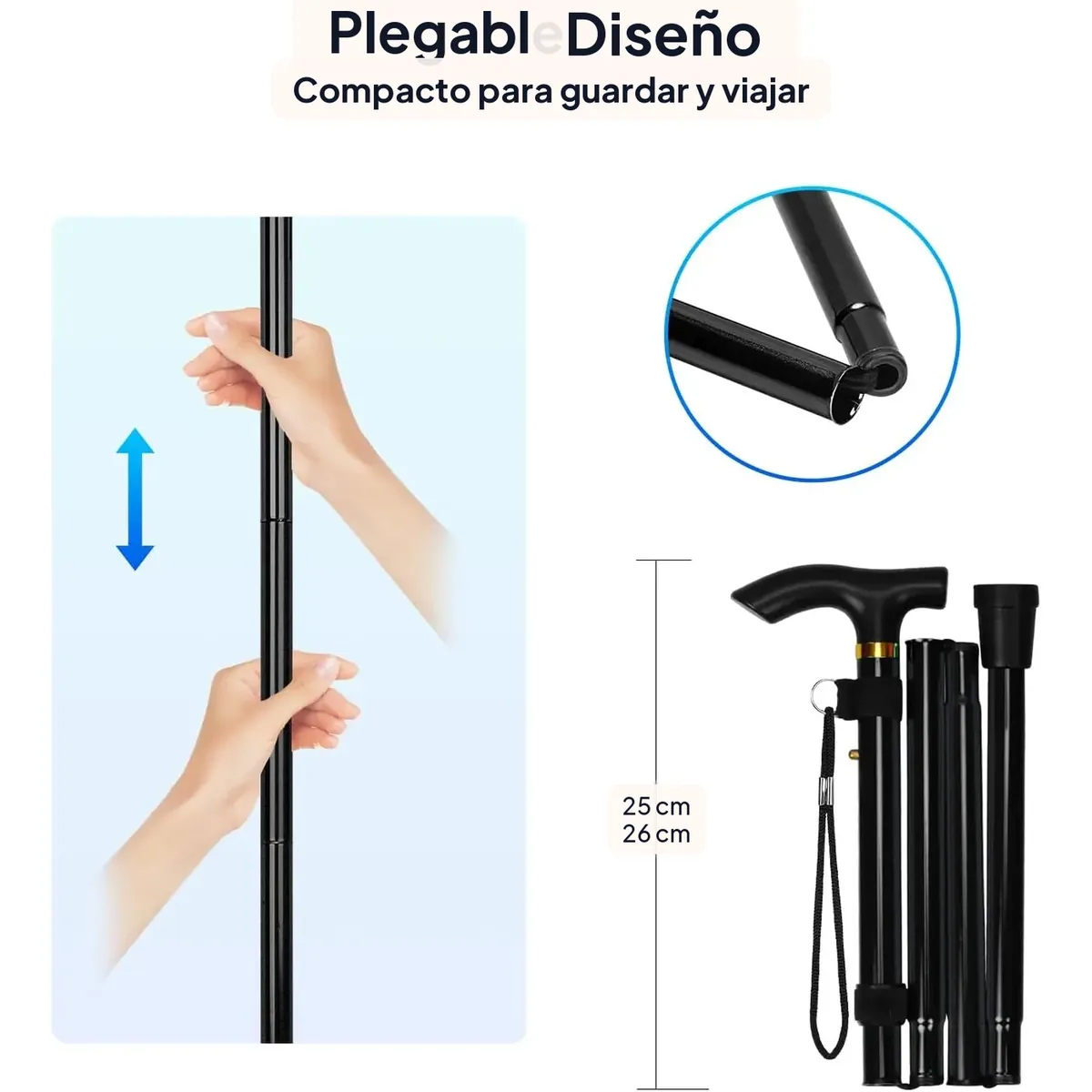 Bastón plegable de aluminio de 5 niveles con dragonera – vue 3