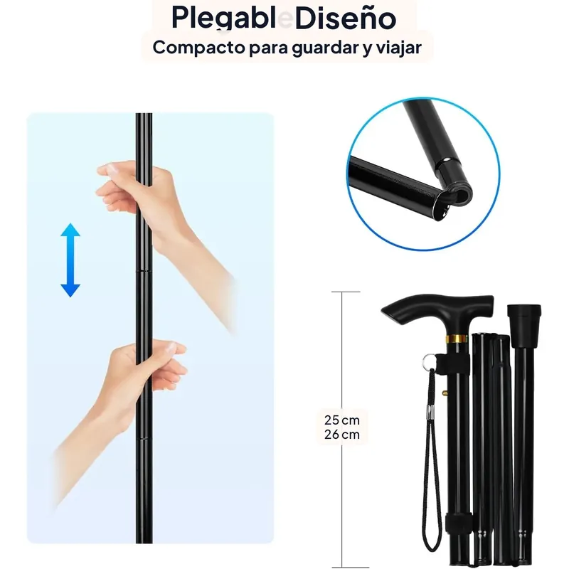 Bastón plegable de aluminio de 5 niveles con dragonera – Cinco niveles para regularlo
