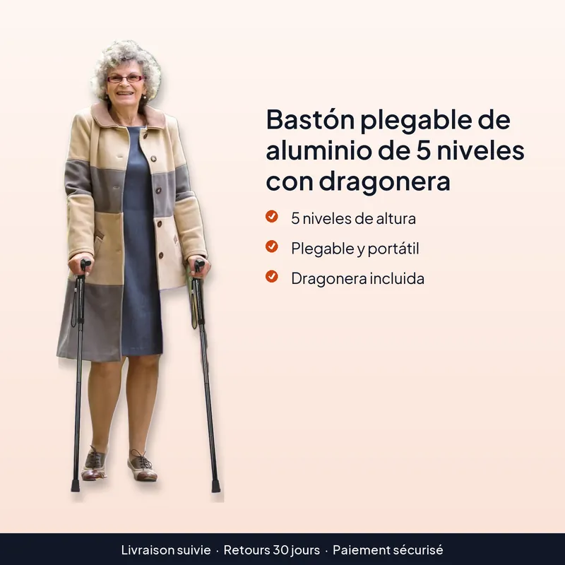 Bastón plegable de aluminio de 5 niveles con dragonera – Se pliega para transportarlo