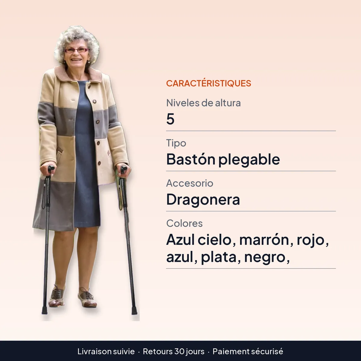 Bastón plegable de aluminio de 5 niveles con dragonera : caractéristiques