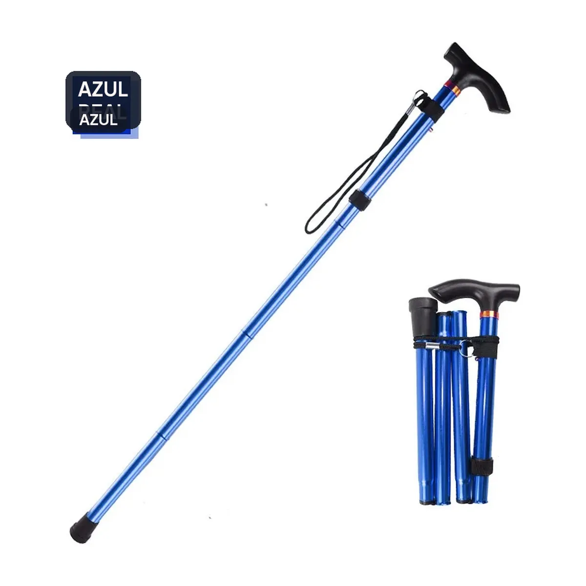 Bastón plegable de aluminio de 5 niveles con dragonera – azul