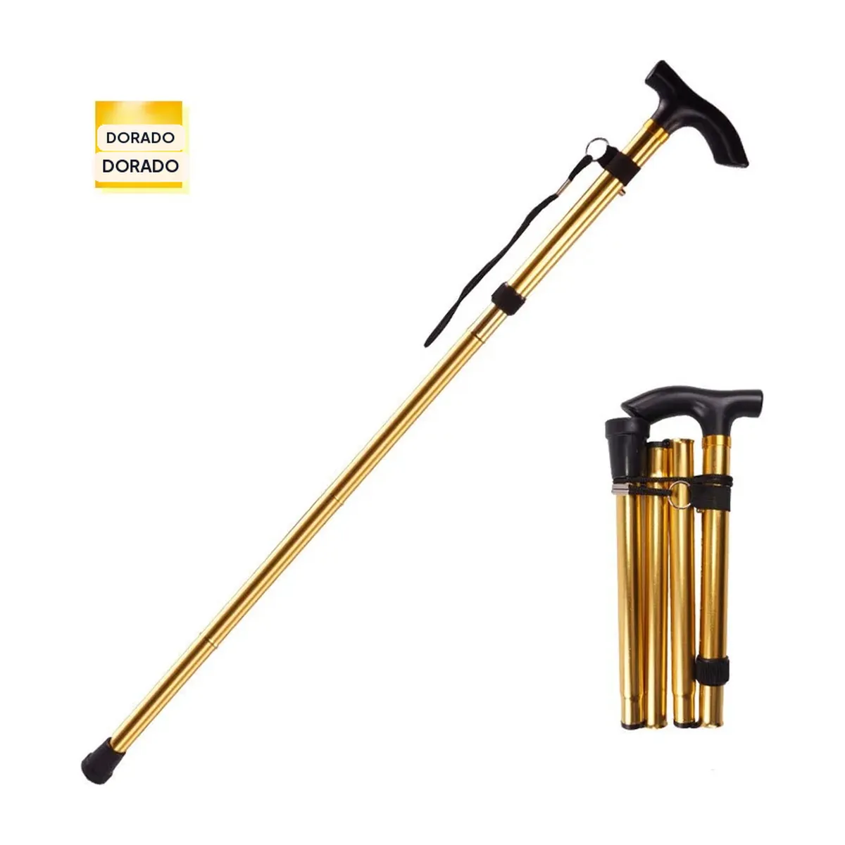 Bastón plegable de aluminio de 5 niveles con dragonera – dorado