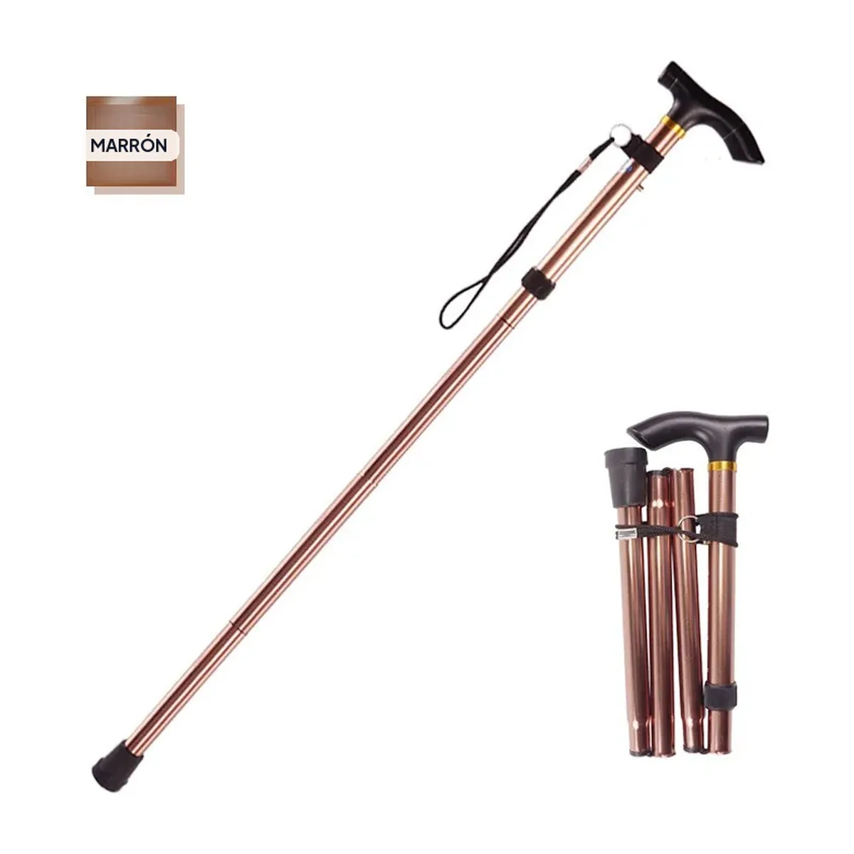 Bastón plegable de aluminio de 5 niveles con dragonera – marrón
