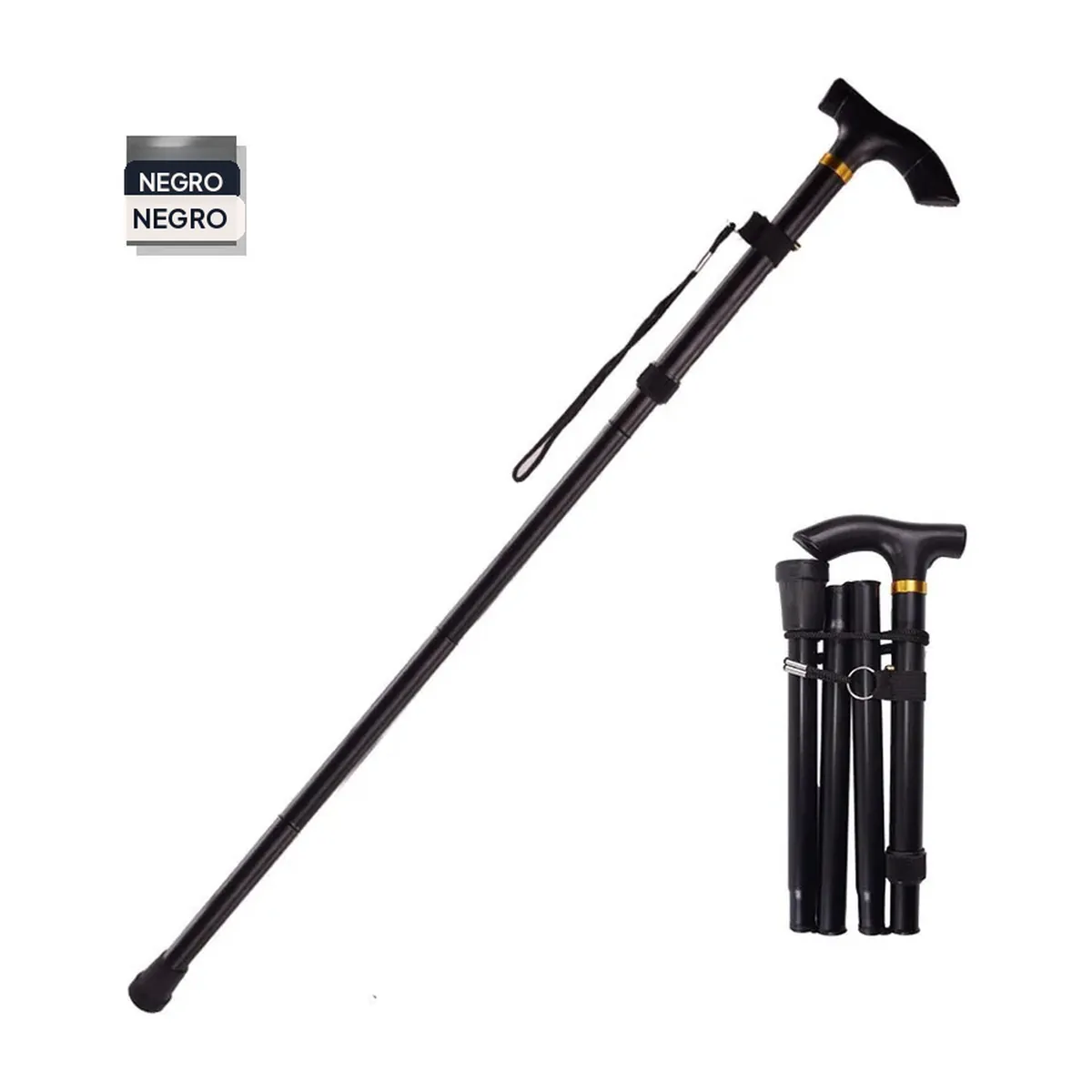 Bastón plegable de aluminio de 5 niveles con dragonera – negro