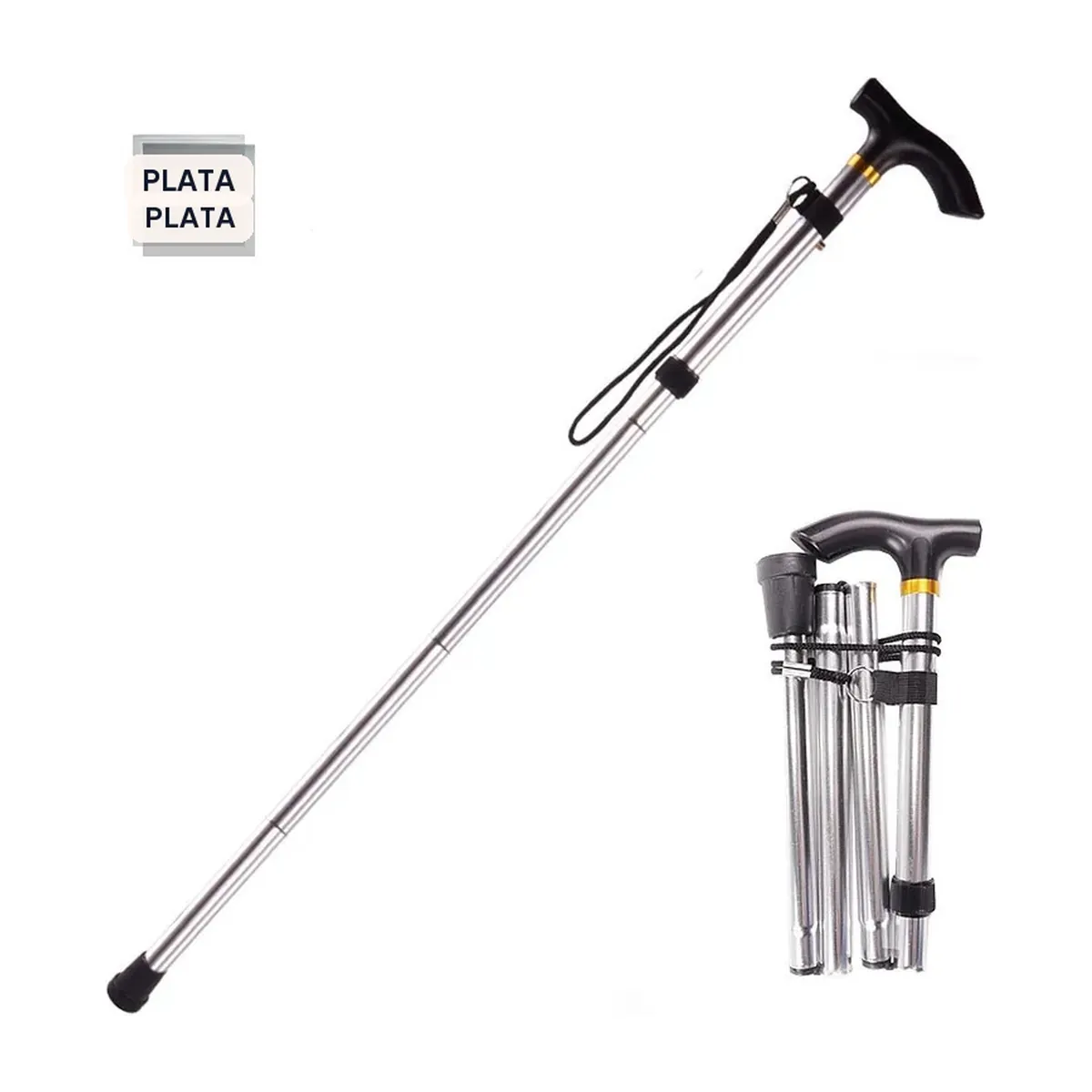Bastón plegable de aluminio de 5 niveles con dragonera – plata