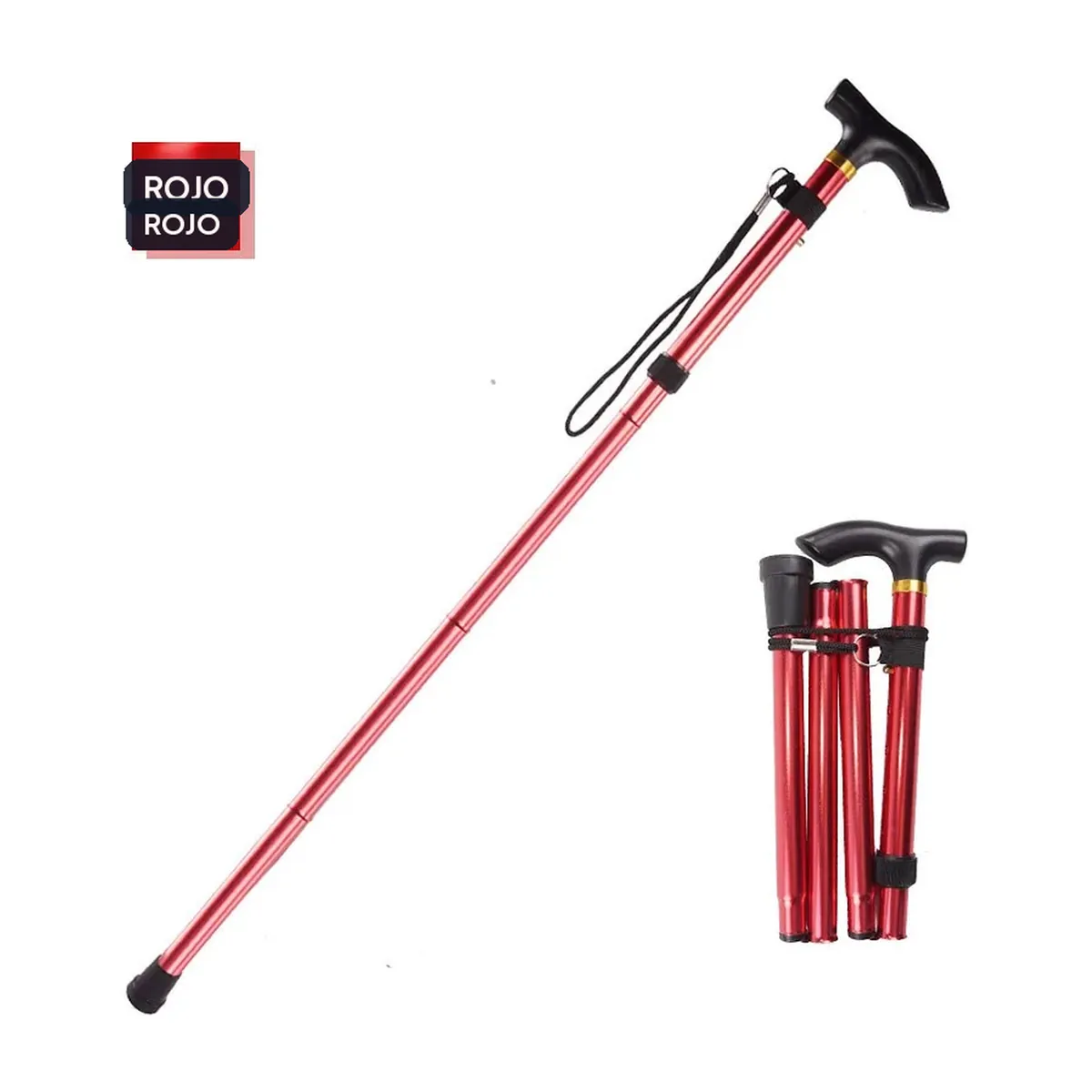 Bastón plegable de aluminio de 5 niveles con dragonera – rojo