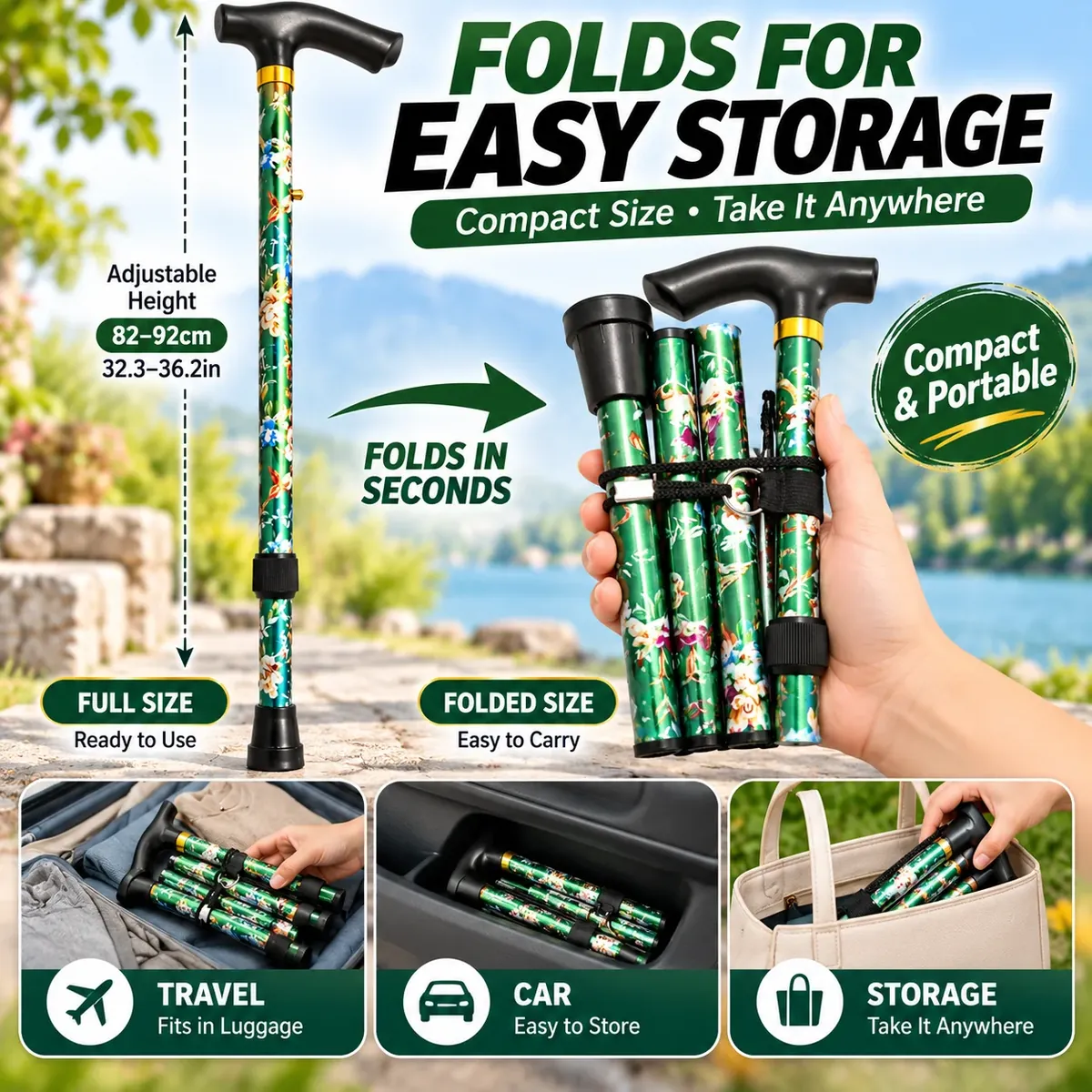 Bastón plegable bastón portátil de altura ajustable de 5 – vue 2