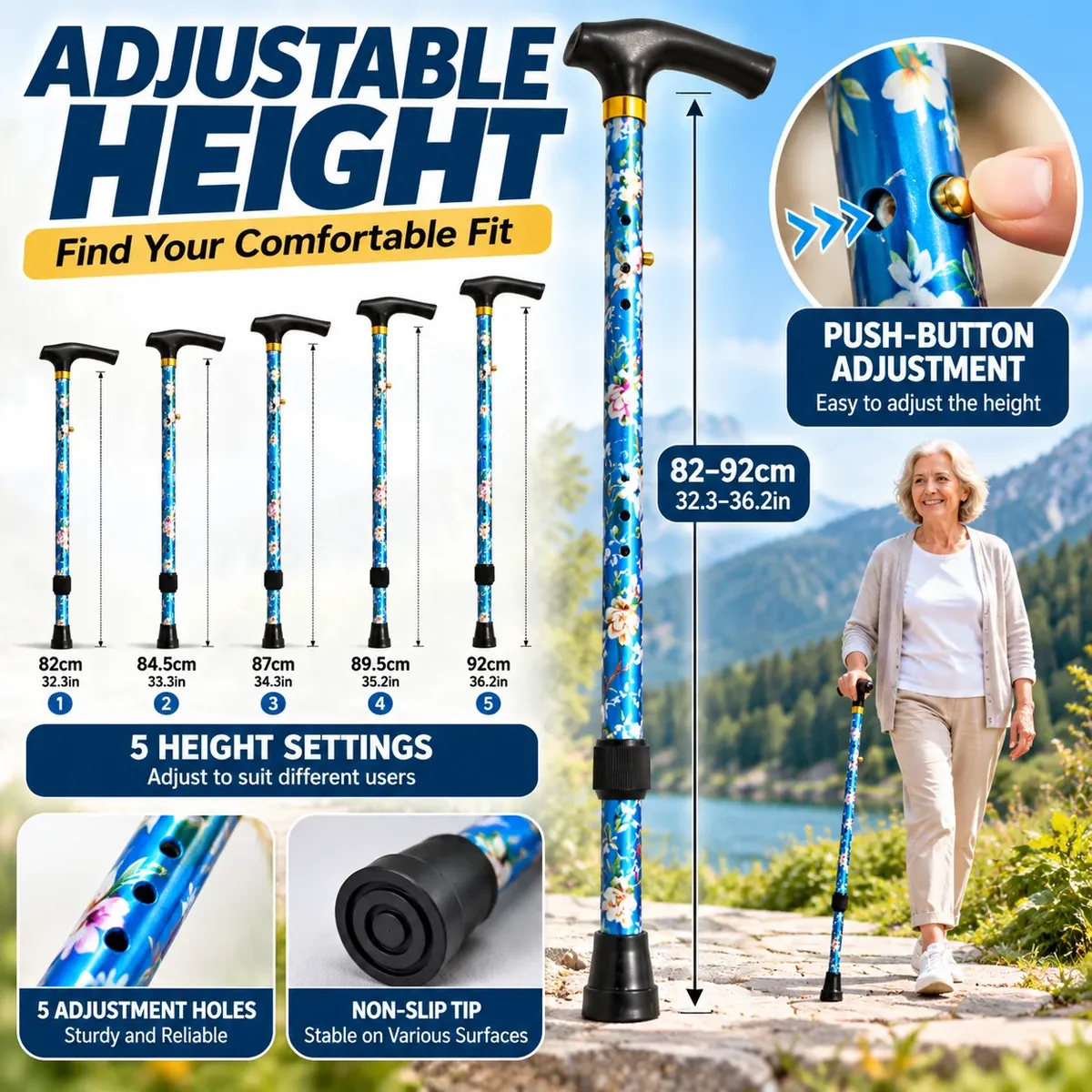 Bastón plegable bastón portátil de altura ajustable de 5 – vue 3