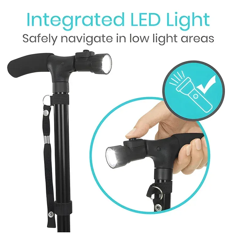 BastÃ³n plegable con luz LED y punta de cuatro apoyos – Base compacta de cuatro apoyos