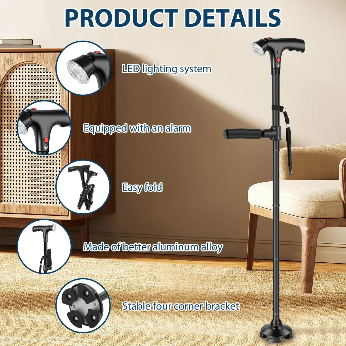 Bastón Plegable para Personas Mayores con Luz LED Cuatro – vue 3