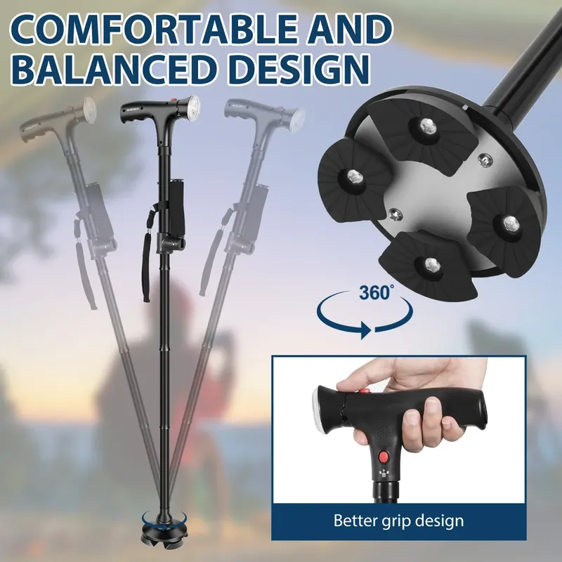 Bastón plegable con luz LED y base de cuatro apoyos – Revisa el contenido