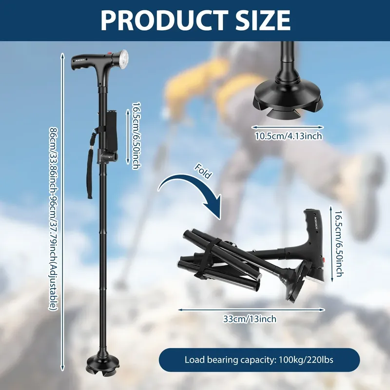 Bastón plegable con luz LED y base de cuatro apoyos – Despliégalo y ajústalo