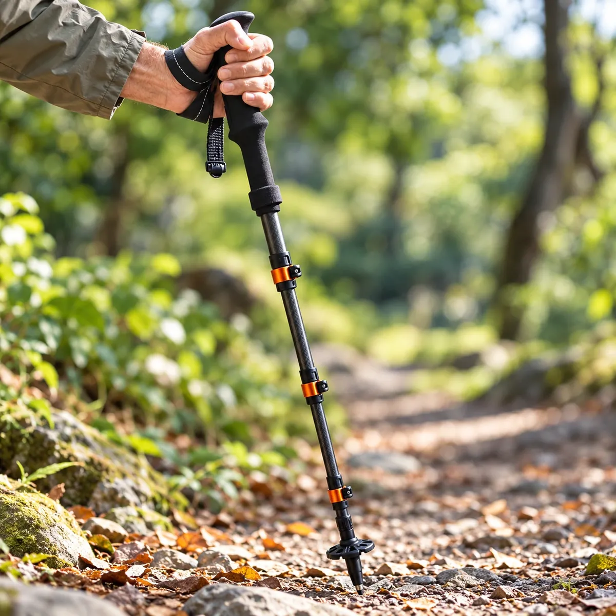 Bastón de trekking Naturehike de fibra de carbono, 5 secciones en situation