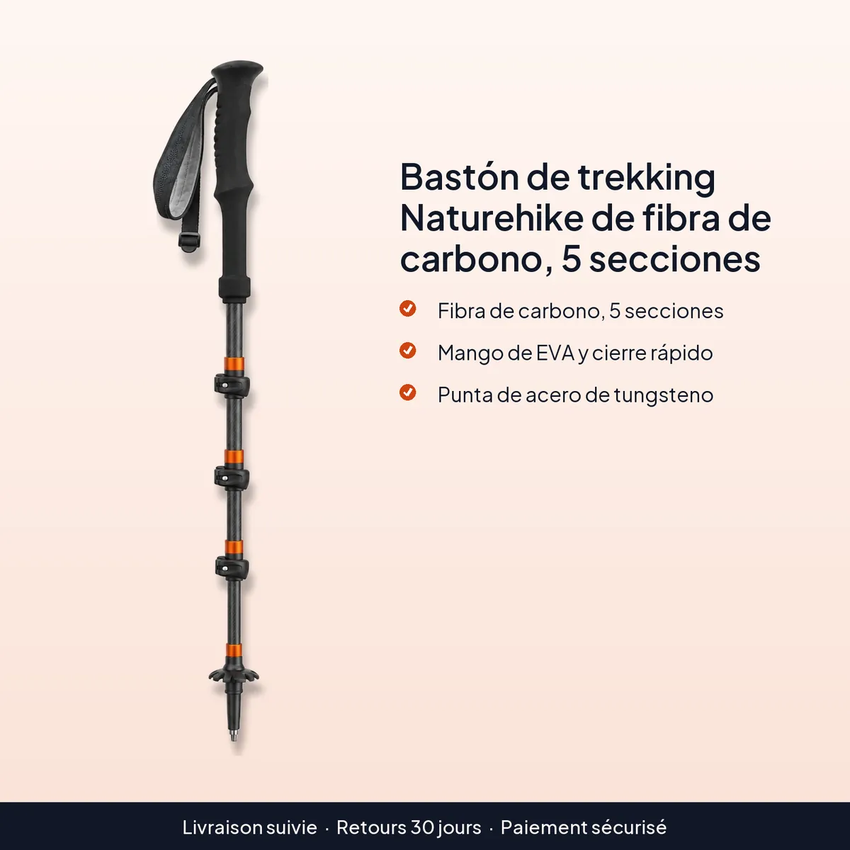 Bastón de trekking Naturehike de fibra de carbono, 5 secciones : fibra de carbono, 5 secciones, mango de eva y cierre rápido, punta de acero de tungsteno