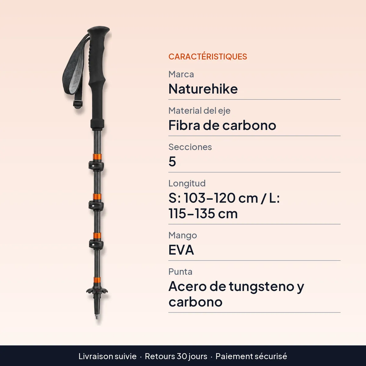 Bastón de trekking Naturehike de fibra de carbono, 5 secciones : caractéristiques