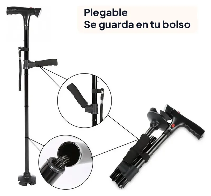 Bastón de viaje plegable y telescópico con luz LED, 95 cm