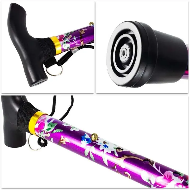 Bastón plegable floral morado para caminar con apoyo – Mango en T y punta de goma
