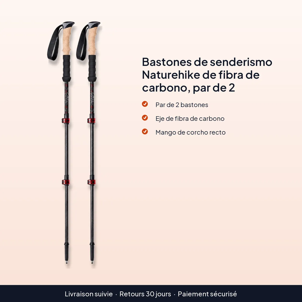 Bastones de senderismo Naturehike de fibra de carbono, par de 2 : par de 2 bastones, eje de fibra de carbono, mango de corcho recto